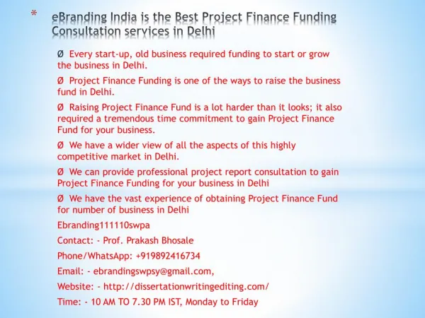 eBranding India is the Best Project Finance Funding Consultation services in Delhi