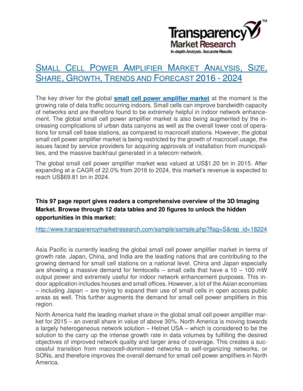 Small Cell Power Amplifier Market Analysis, Size, Share, Growth, Trends and Forecast 2016 - 2024