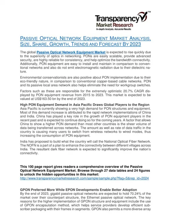 Passive Optical Network Equipment Market Analysis, Size, Share, Growth, Trends and Forecast By 2023