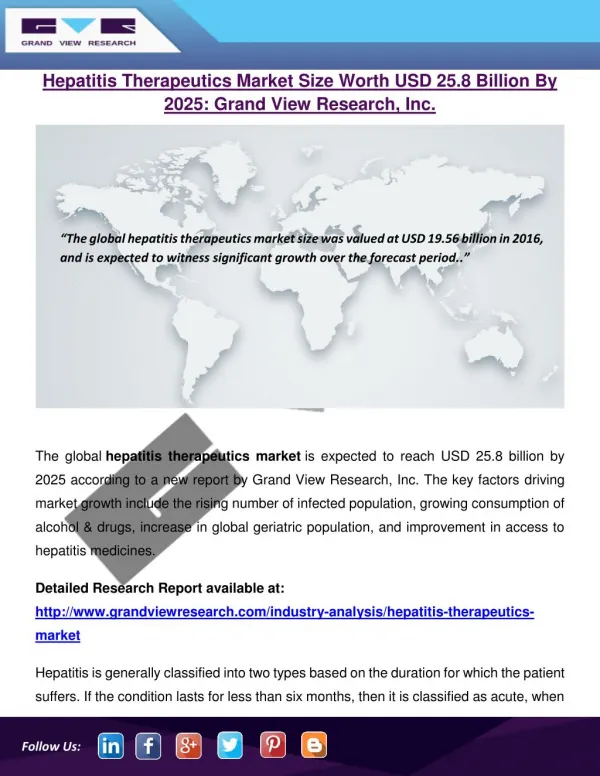 Hepatitis Therapeutics Market To Reach $25.8 Billion By 2025: Grand View Research, Inc