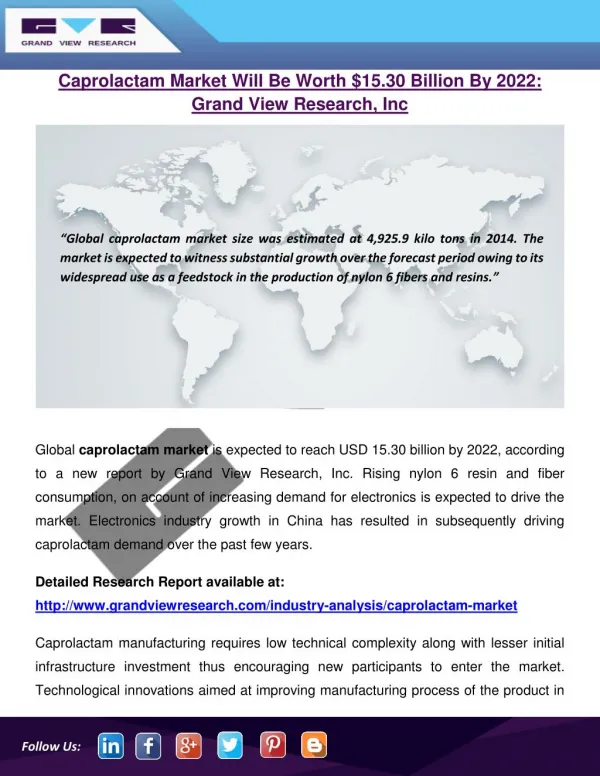 Caprolactam Market Is Projected To Reach $15.30 Billion By 2022: Grand View Research, Inc.