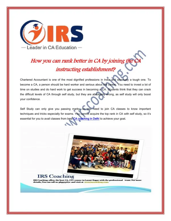 How you can rank better in CA by joining the CA instructing establishment? - IRS Coaching