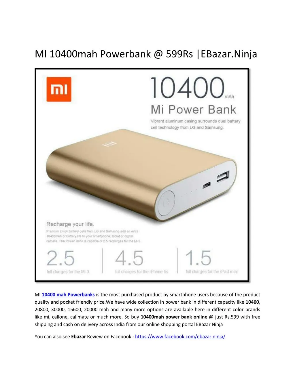 mi 10400mah powerbank @ 599rs ebazar ninja