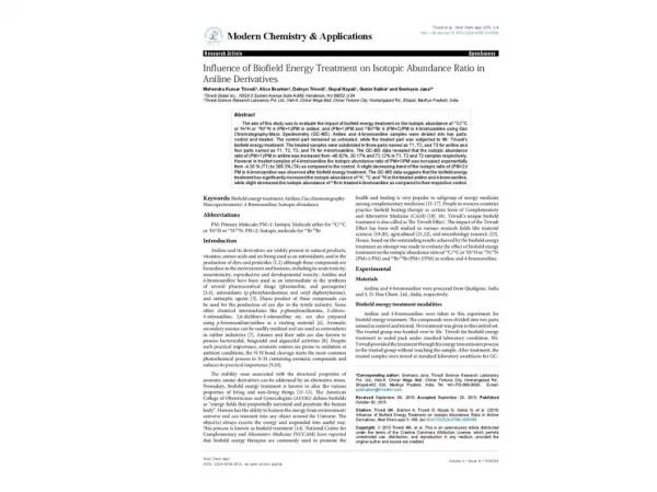 Influence of Biofield Energy Treatment on Isotopic Abundance Ratio in Aniline Derivatives