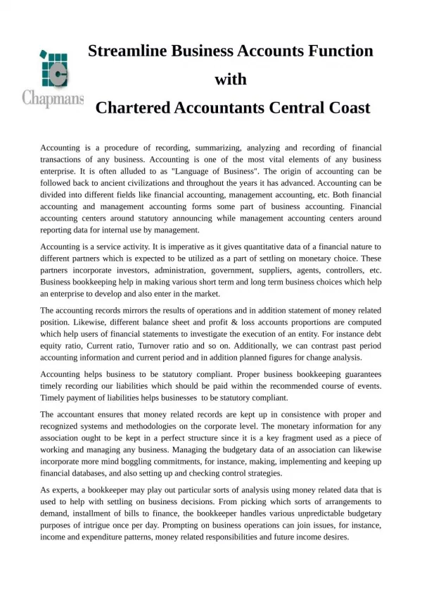 Streamline Business Accounts Function with Chartered Accountants Central Coast