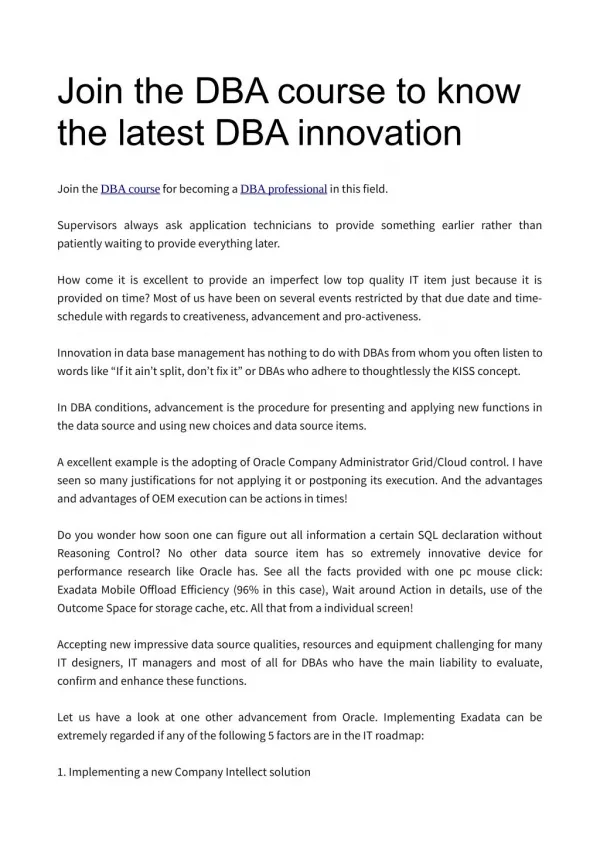 Join the DBA course to know the latest DBA innovation