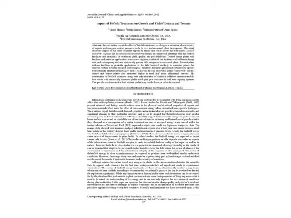 Impact of Biofield Treatment on Growth and Yield of Lettuce and Tomato