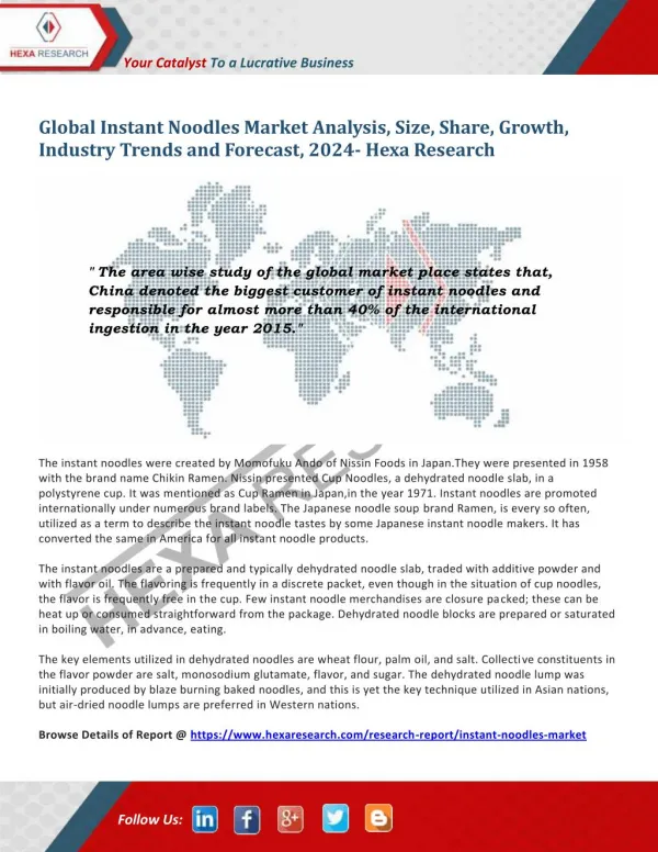 Instant Noodles Market Analysis, Size, Share, Growth, Industry Trends and Forecast, 2024- Hexa Research