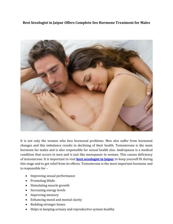 Best Sexologist in Jaipur Offers Complete Sex Hormone Treatment for Males