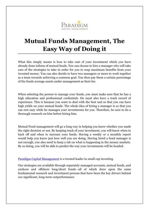 Mutual Funds Management, The Easy Way of Doing it