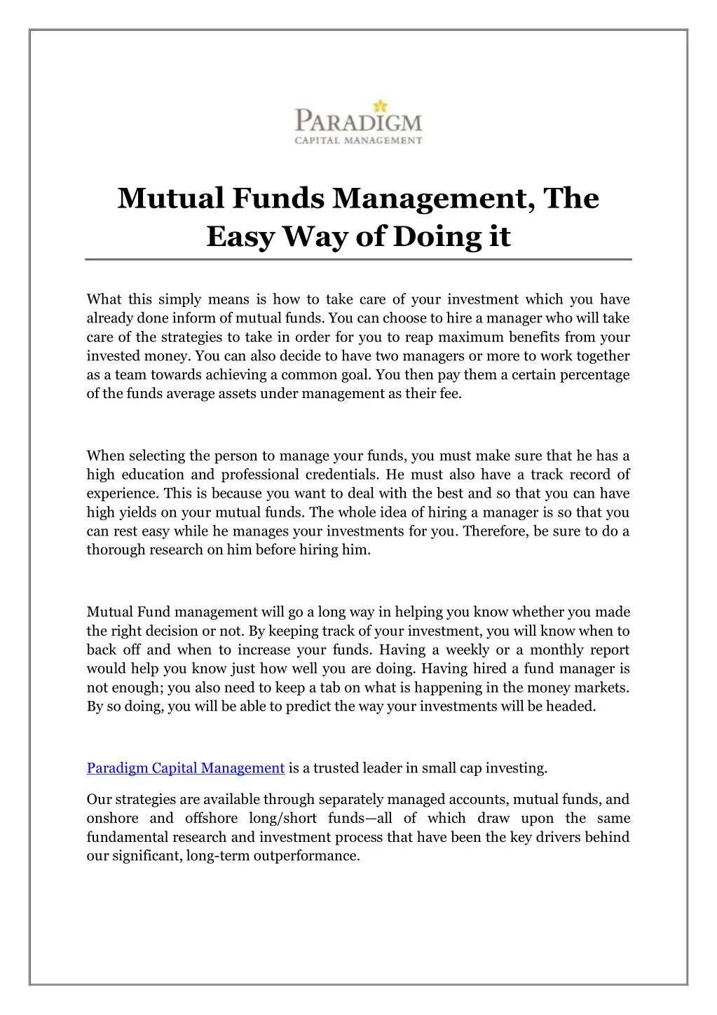 mutual funds management the easy way of doing it