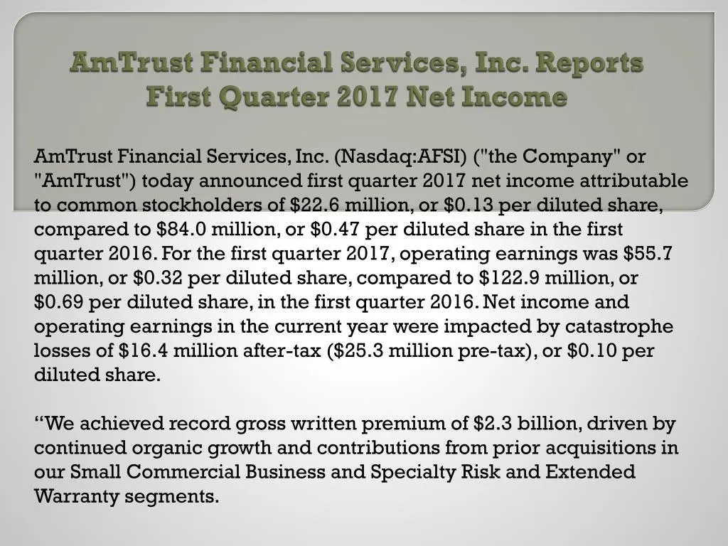 amtrust financial services inc reports first quarter 2017 net income