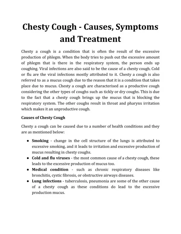 Chesty Cough - Causes, Symptoms and Treatment