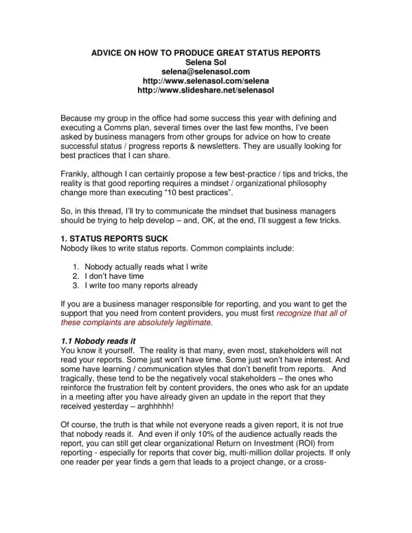 advice on how to produce great status reports