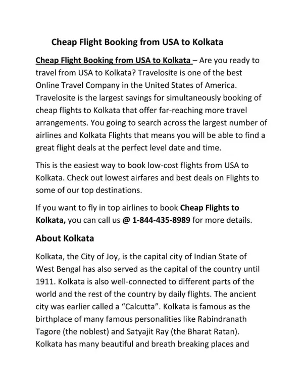 Cheap Flight Booking from USA to Kolkata