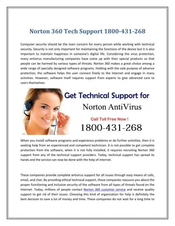 Norton 360 Tech Support 1800-431-268