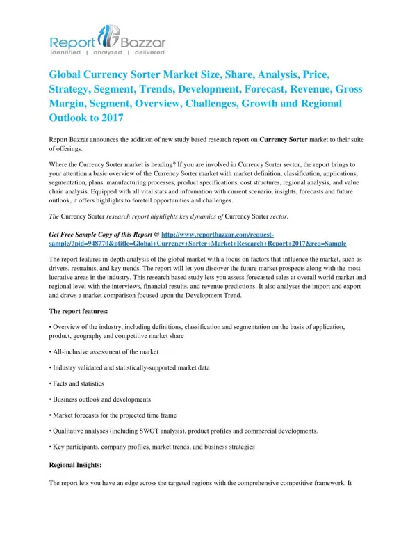 Currency Sorter Market Analysis- Regional Outlook, Segments And Forecast To 2017