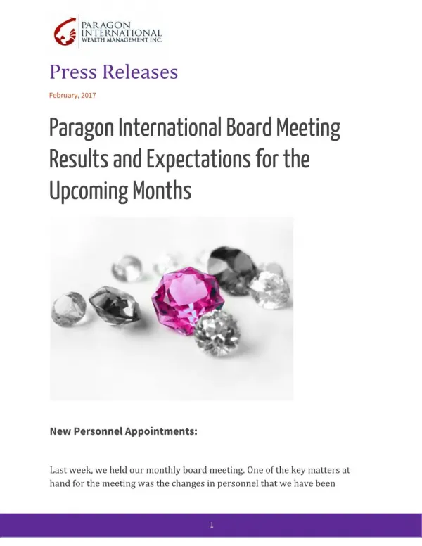 Paragon International Board Meeting Results and Expectations for the Upcoming Months