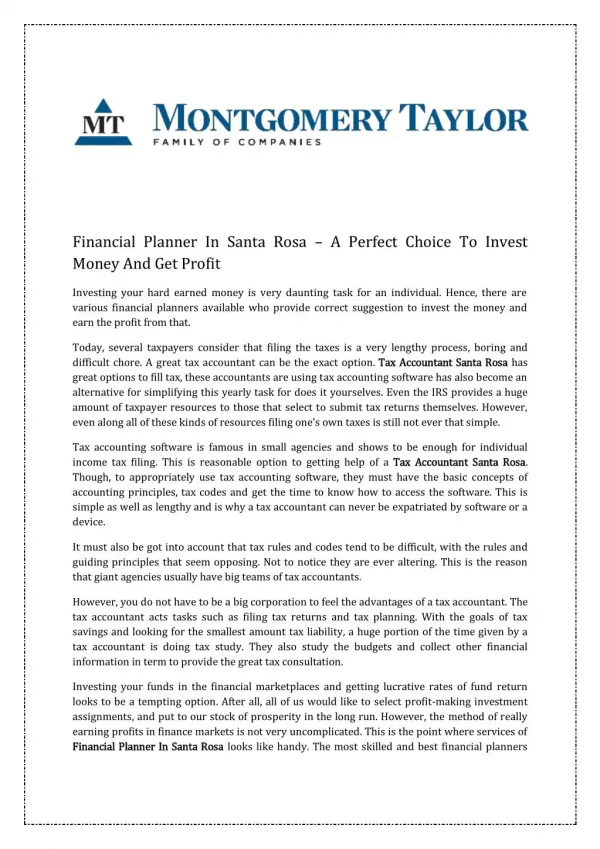 Financial Planner In Santa Rosa – A Perfect Choice To Invest Money And Get Profit