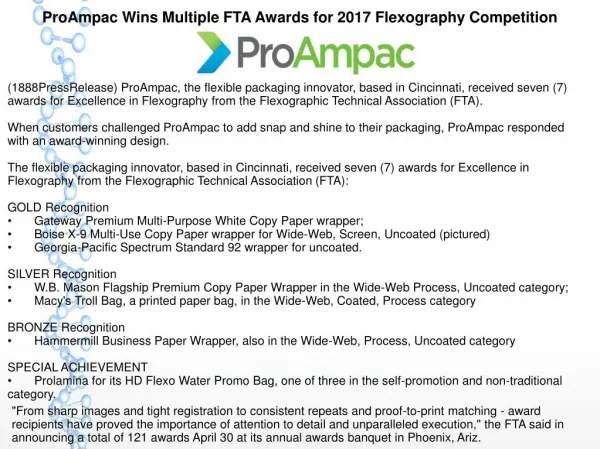 ProAmpac Wins Multiple FTA Awards for 2017 Flexography Competition