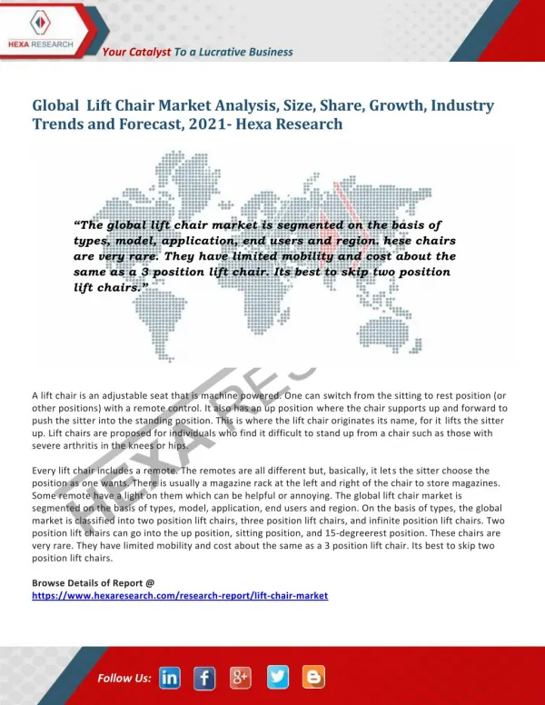 Lift Chair Market Size, Share, Growth, Industry Analysis and Forecast to 2021 - Hexa Research