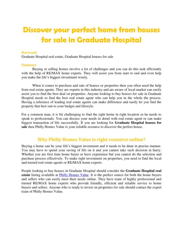 Discover your perfect home from houses for sale in Graduate Hospital