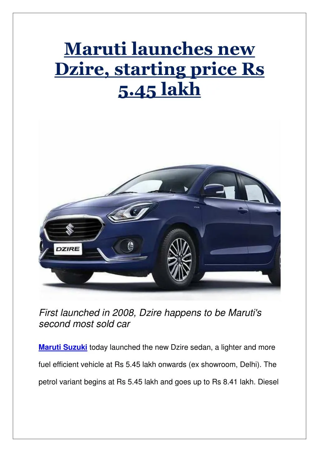 maruti launches new dzire starting price
