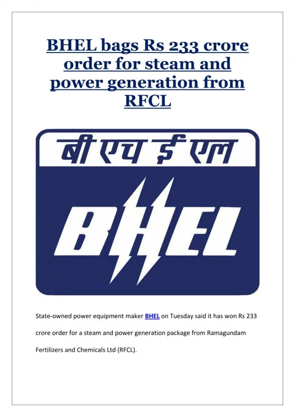 BHEL bags Rs 233 crore order for steam and power generation from RFCL
