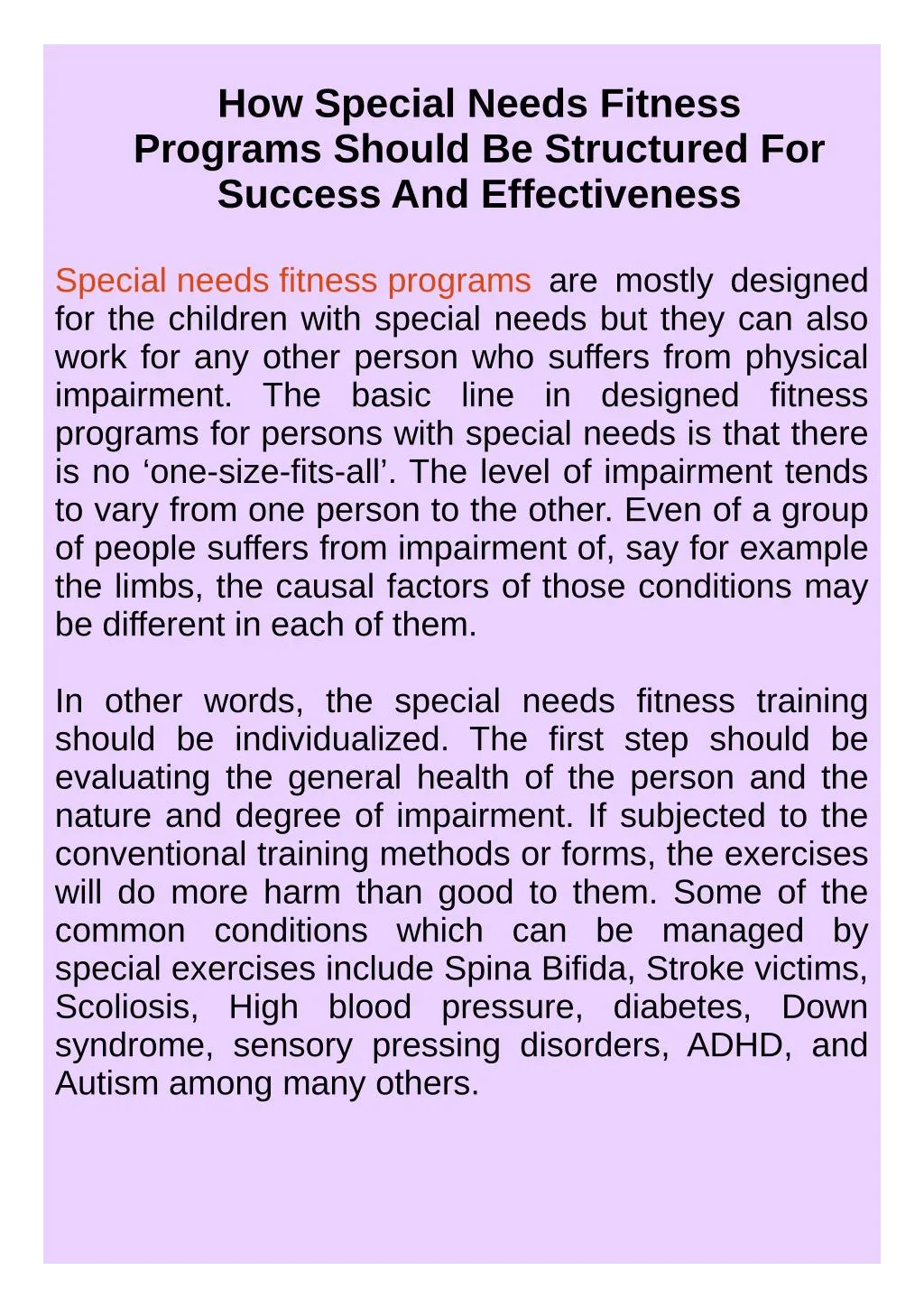 how special needs fitness programs should