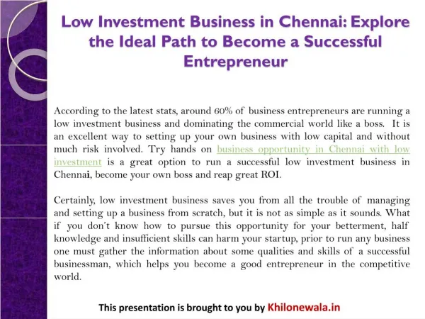 Low Investment Business in Chennai: Explore the Ideal Path to Become a Successful Entrepreneur