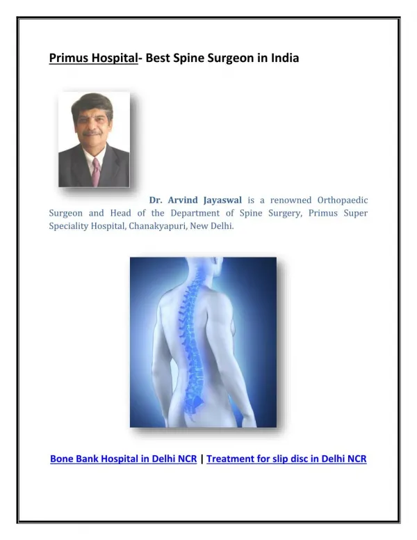 Primus Hospital- Best Spine Surgeon in India