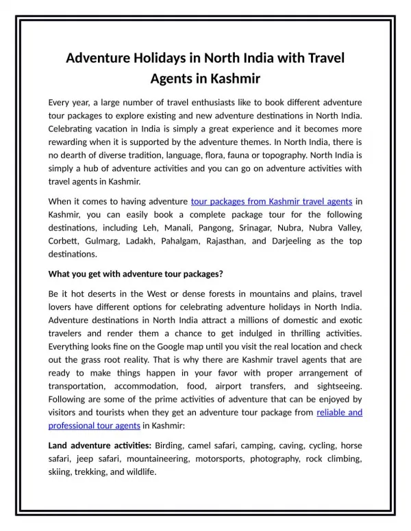 Adventure Holidays in North India with Travel Agents in Kashmir