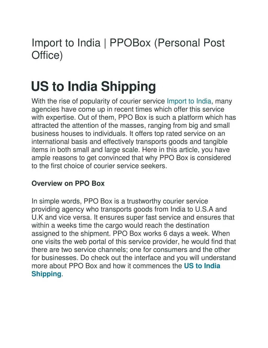 import to india ppobox personal post office