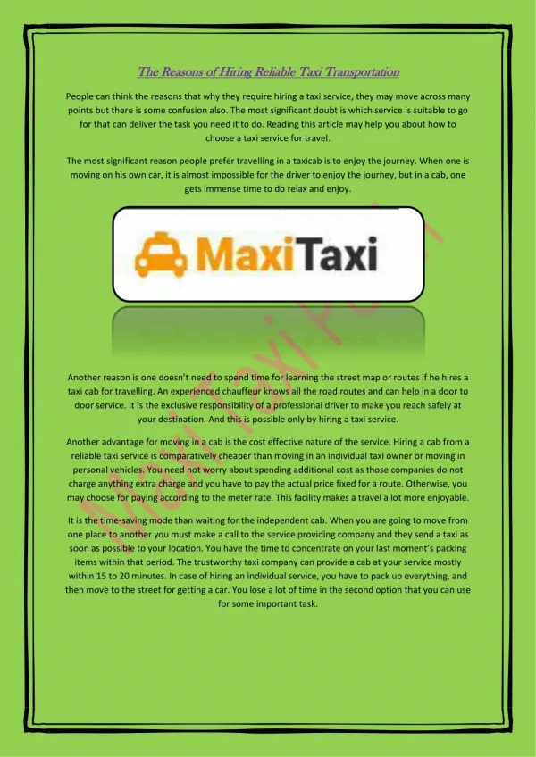 The Reasons of Hiring Reliable Taxi Transportation