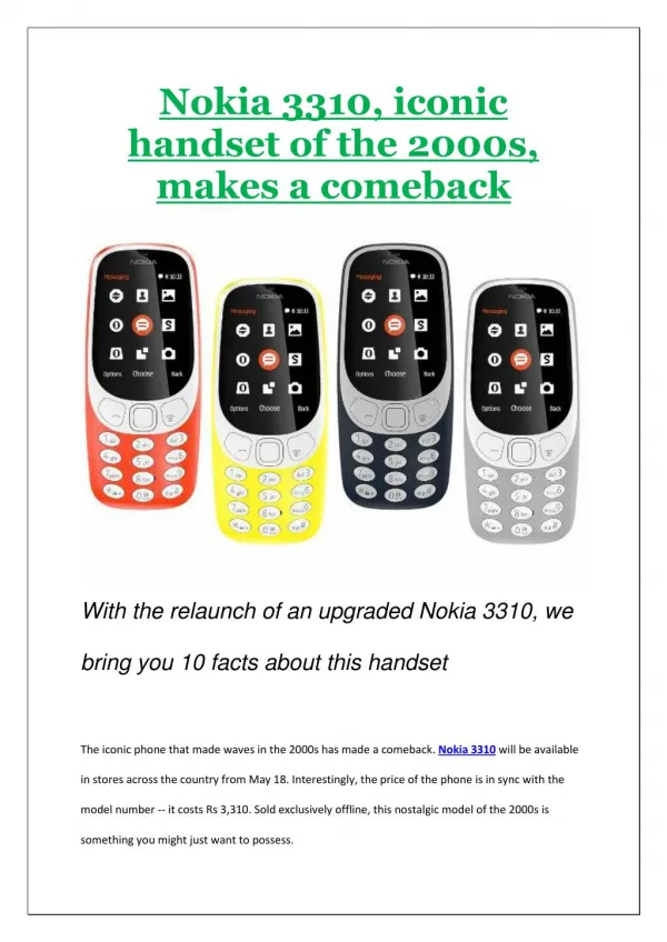 Nokia 3310, iconic handset of the 2000s, makes a comeback