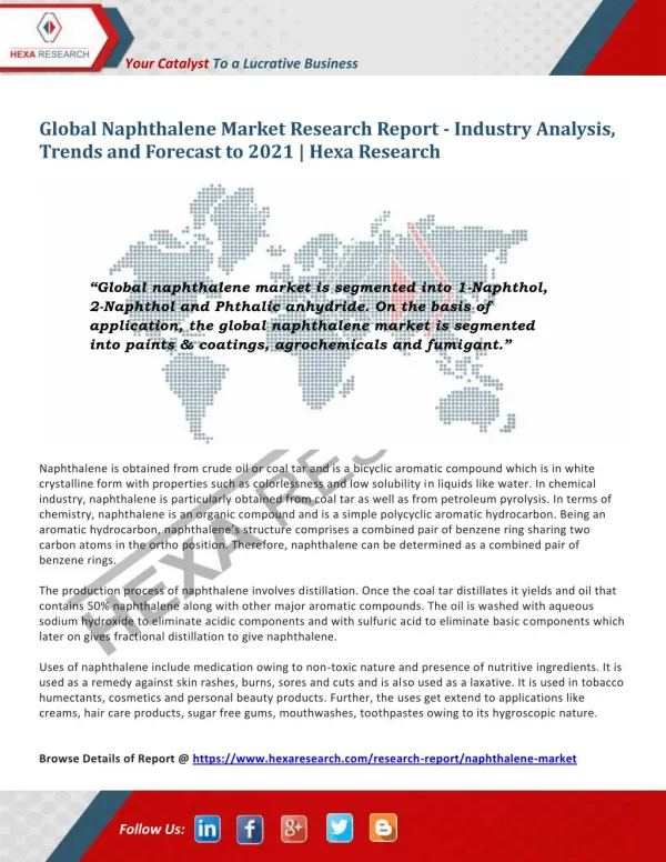 Global Naphthalene Market Size, Share | Industry Report, 2021 | Hexa Research