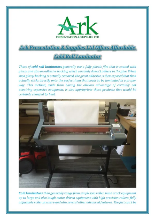 Ark Presentation and Supplies Offers Affordable Cold Roll Laminator