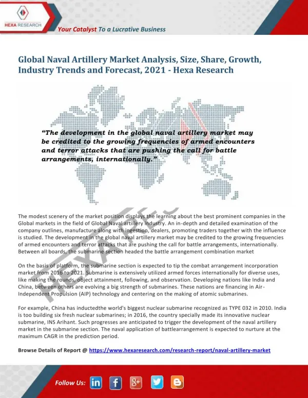 Naval Artillery Market Size, Share, Growth, Industry Analysis and Forecast to 2021 - Hexa Research
