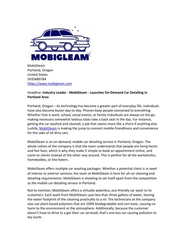 Industry Leader - MobiGleam - Launches On-Demand Car Detailing in Portland Area