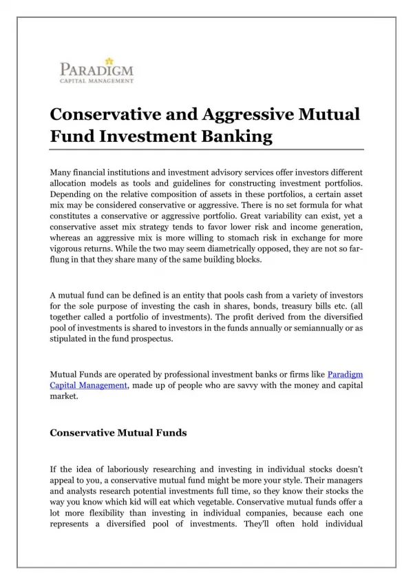 Conservative and Aggressive Mutual Fund Investment Banking