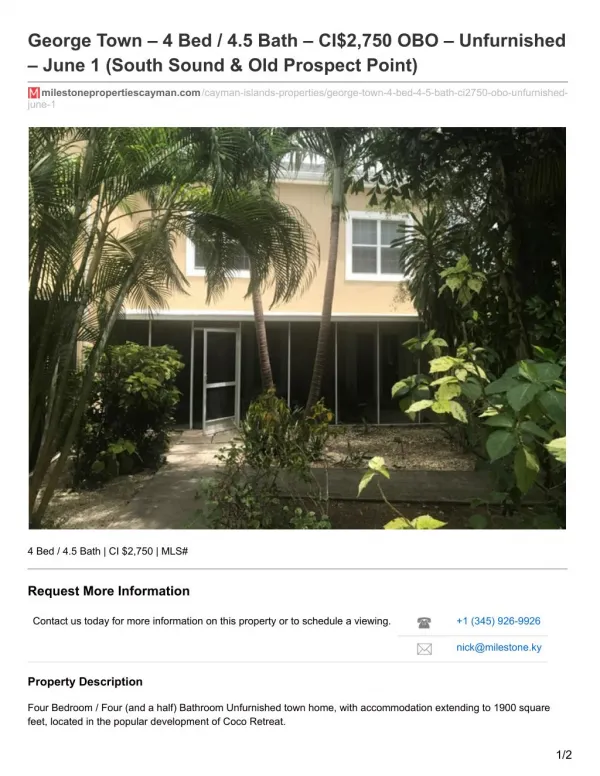 George Town - 4 Bed/ 4.5 Bath house for rent - Milestone Properties