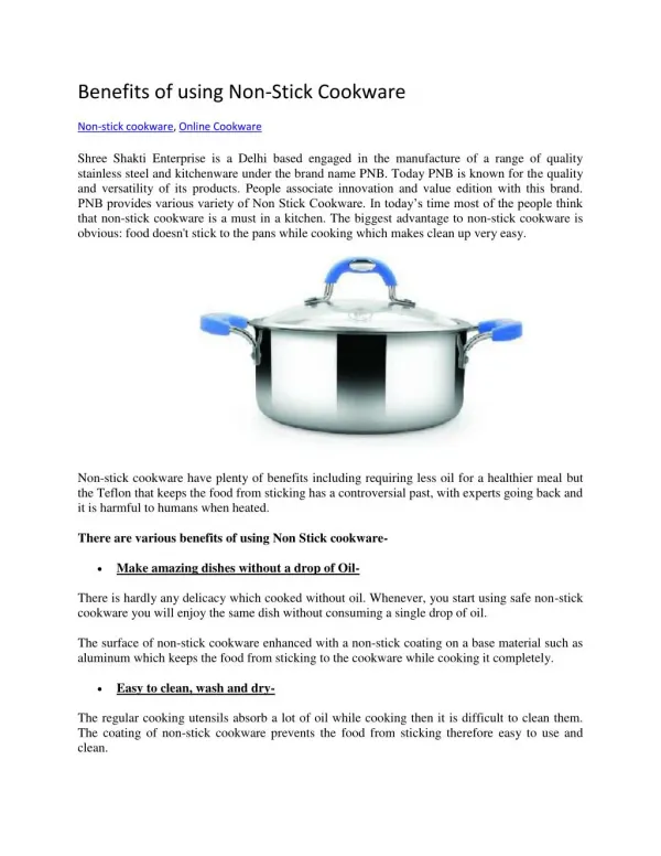 Benefits of using Non-Stick Cookware