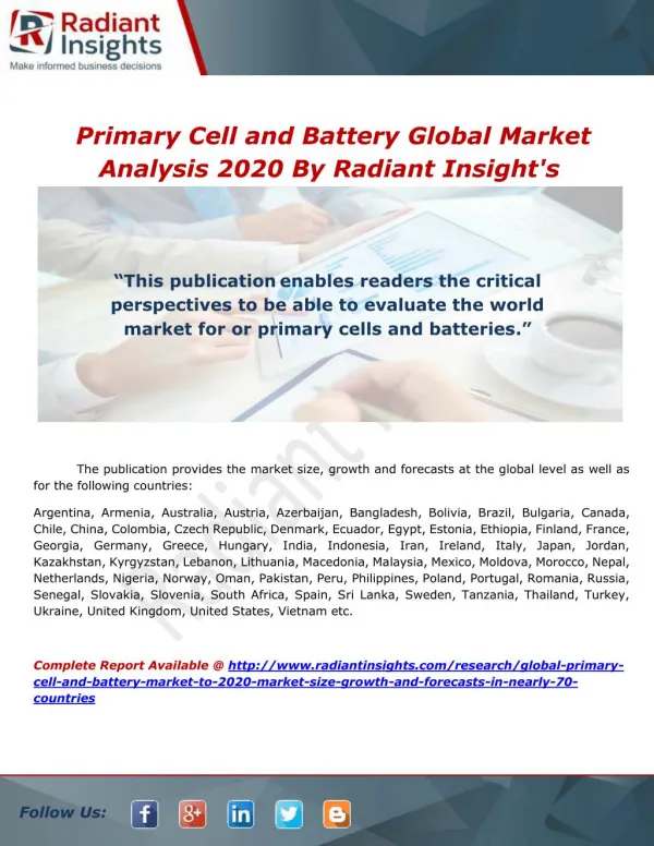 Primary Cell and Battery Global Market Analysis 2020 By Radiant Insight's