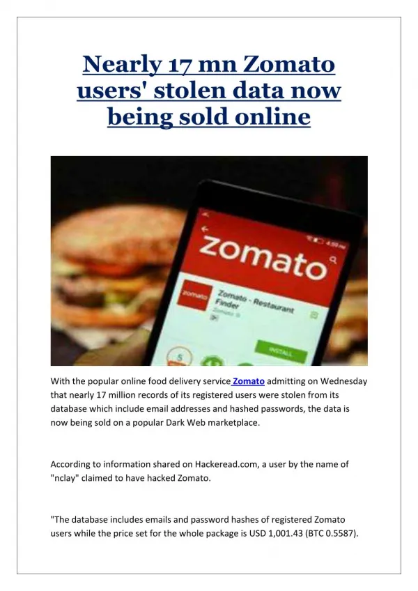 Nearly 17 mn Zomato users' stolen data now being sold online