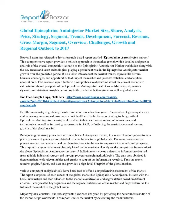 Epinephrine Autoinjector Market - Global Industry Analysis, Size, Share, Growth and Forecast Report To 2017