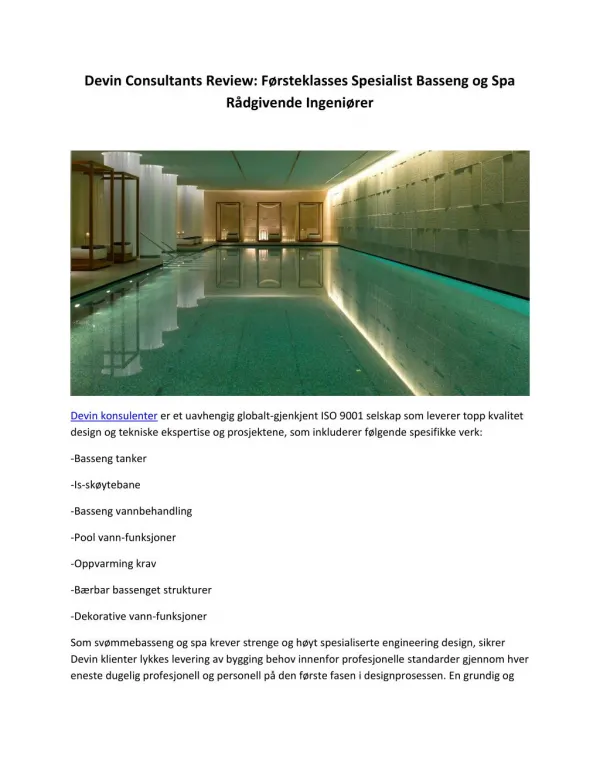 Devin Consultants Review: Førsteklasses Spesialist Basseng og Spa Rådgivende Ingeniører