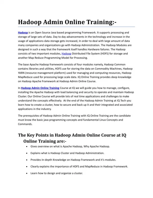 Live Online and Interactive Hadoop Admin Online Training conducted by Experienced Trainers - IQ Online Training
