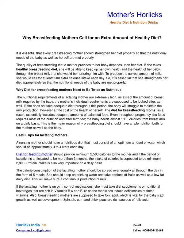 Why Breastfeeding Mothers Call for an Extra Amount of Healthy Diet?