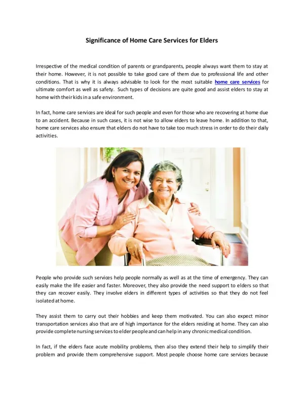 Significance of Home Care Services for Elders