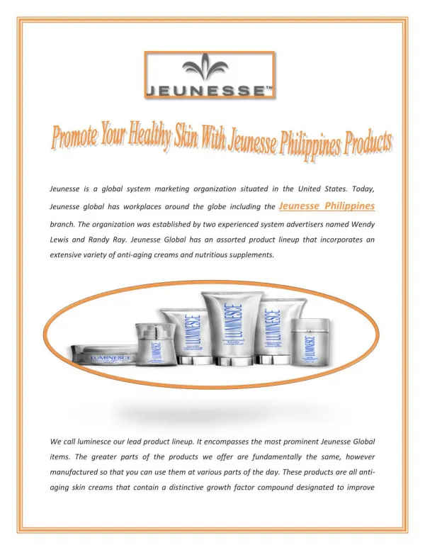 Promote Your Healthy Skin With Jeunesse Philippines Products